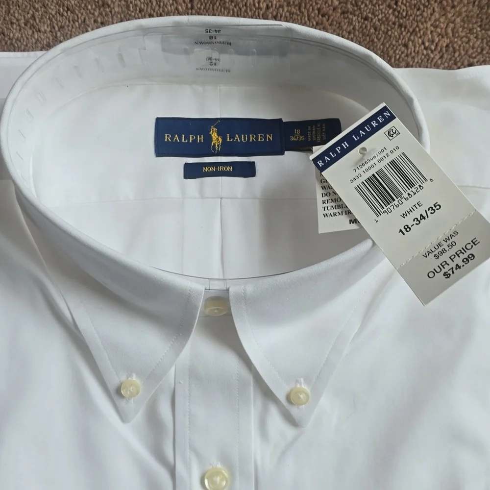 Ralph Laurn, Non-iron, 18-34/35 White Button Down Mens Shirt - Picture 2 of 5